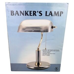 NIB Vintage Bankers Desk Lamp, Solid Brass Shade, Aluminum Finish W/Pull Chain